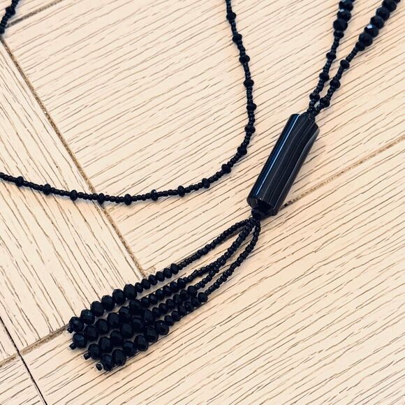 Vintage Black Onyx Tassel Necklace – 28" Natural Stone/Faceted Glass Beads - Picture 2 of 5